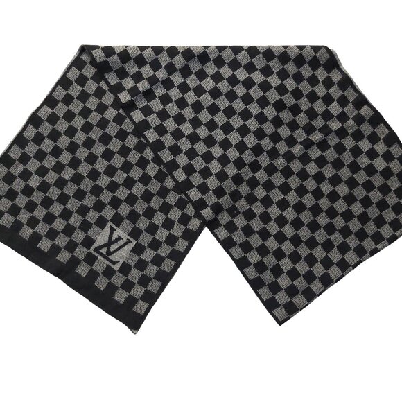 LOUIS VUITTON Black Gray Reversible Cashmere Damier Scarf Pre-Owned - Picture 2 of 13